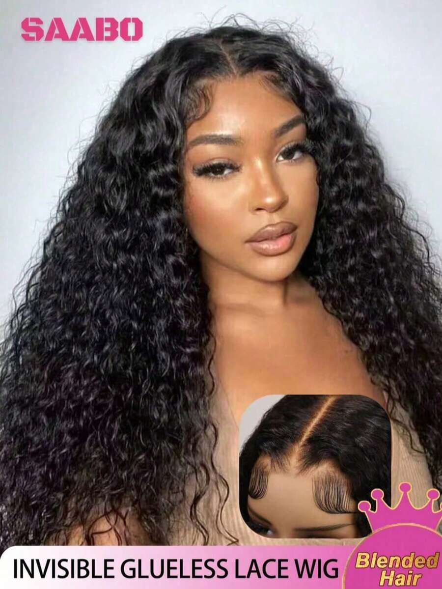 24 Inch Curly Wig Mixed Hair 13x4 Natural Hairline Jerry Curly Front Lace Wig 200% Density HD Lace Front Wig Human Blended Hair Pre-Plucking Long Wig Women Brazilian Hair Curly Natural Looking - Natural & Black - View 1