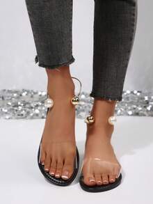 Summer New Round Toe Transparent Minimalist Lightweight Slip-On Pearl Metal Buckle Women Outdoor Beach Sandals - Black - View 4