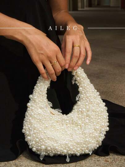 Luxurious Women's Pearl Bead Handbag Exquisite Solid Color Crescent Bag Dinner Bag, Perfect For Dinners And Parties, Can Be Paired With Daily Wear, Formal Wear, Ball Dresses, Birthday Dresses