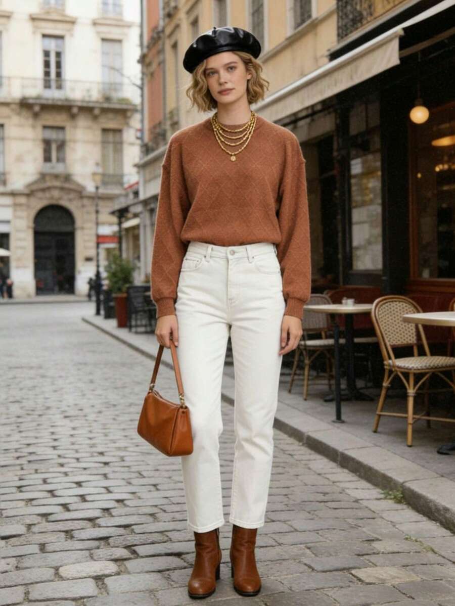 Women's Solid Color Casual Knit Ribbed Sweater, Autumn/Winter - Brown - View 1