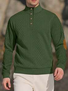 男士提花针织长袖上衣，秋冬简约立领汗衫，纯色套头T恤，男士长袖T恤，送给男朋友的节日礼物 - 墨綠色 - 查看 4