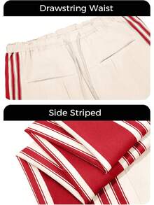 Women's High Waist Baggy Wide Leg Track Pants Drawstring Striped Palazzo Pants With Pockets - 紅色 - 查看 4