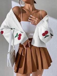 Cárdigan tipo duster de hombros caídos con estampado de cerezas, blusa de manga larga - Blanco - Ver 6