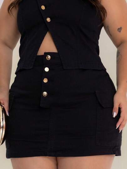 Saia Short Jeans Plus Size Cargo com Lycra