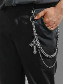 1pc Men's Thick Silver-Tone Chain With Red Cross Pendant, Suitable For Casual Wear With Suits, Jeans, And Pants - Silver - View 11