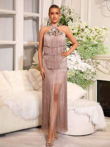 Nuevo vestido largo elegante y sexy con cuello colgante de flecos y lentejuelas, vestido formal para mujeres, invitadas de boda, fiestas navideñas y de vacaciones