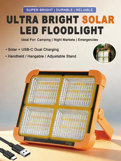 2/3/4pcs Professional Super Bright Solar LED Floodlight | Waterproof Outdoor | Handheld/Hanging | Dual Charging (Solar+USB-C) | Portable, Suitable For Camping/Market/Emergency