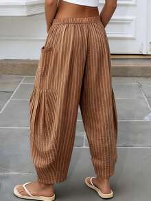 Womens Striped Wide Leg Pants Loose Fit Elastic Waisted Drawstring Trousers Comfortable Casual Daily Wear - Dark Brown - View 2