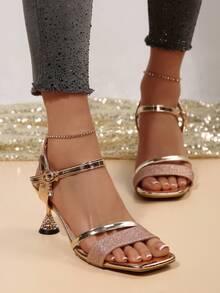 1 Pair Summer Shiny Rose Gold Sequin High Heel Sandals, Teenage Girls Strap Rhinestone Chunky Heel Open Toe Party Date Fashion High Heel Sandals - Champagne - View 3
