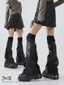 Y2K Subculture Style Black Leather Patchwork Ribbed Sexy Leg Warmers With 3D Pockets, Slimming & Leg Shaping