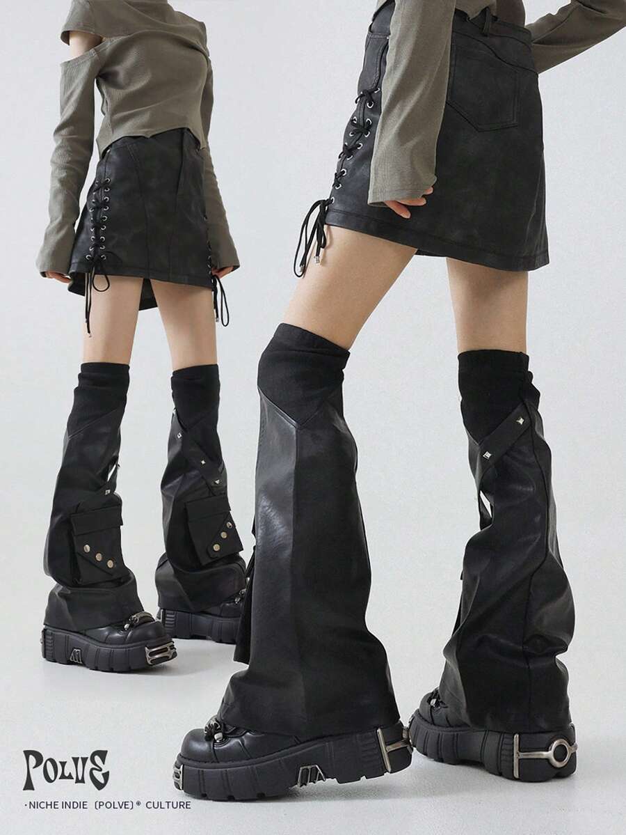 Y2K Subculture Style Black Leather Patchwork Ribbed Sexy Leg Warmers With 3D Pockets, Slimming & Leg Shaping