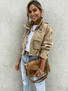 Women's Khaki Practical Short Jacket - Multi-Pocket Design With Adjustable Drawstring, Casual Belted Hunting Jacket - Màu Khaki - Xem 5