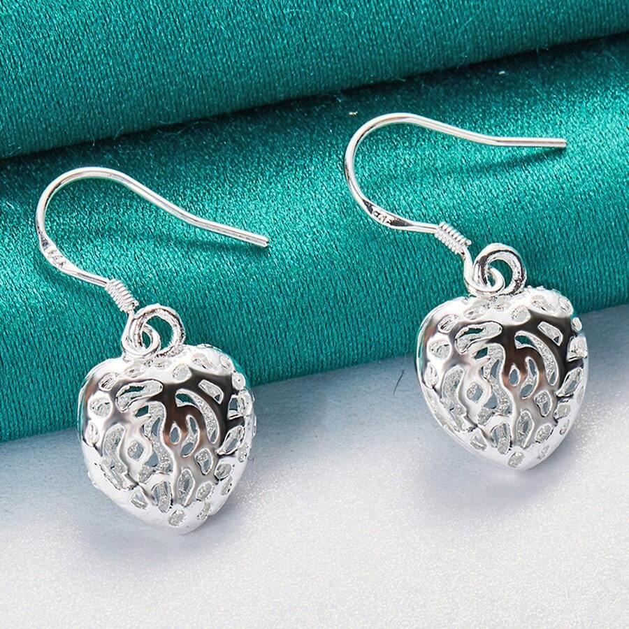 Pendientes de corazón hueco plateados en plata de ley 925 para mujeres, joyería de encanto para boda, compromiso y fiesta - Plateado - Ver 1