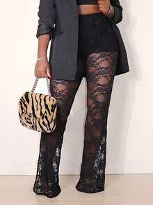 Plus Size Women's Lace Patchwork Sheer Mesh Elastic Pants, Sexy Black Style For Date, Nightclub, Spring/Summer - Black - View 3