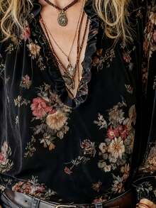 女士宽松丝绒衬衫，花卉丝绒套头衫，荷叶边领，松紧下摆，优雅时尚，百搭简约，休闲工作两相宜，初秋度假春季新款黑色 - 黑色 - 查看 4