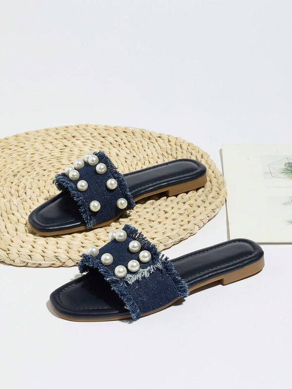 Kids & Youth Fashion Cute Elegant Denim Pearl Shoes, Comfortable Non-Slip Breathable Soft Bottom Flat Slippers For Girls, Suitable For Indoor, Outdoor, Party, All Seasons