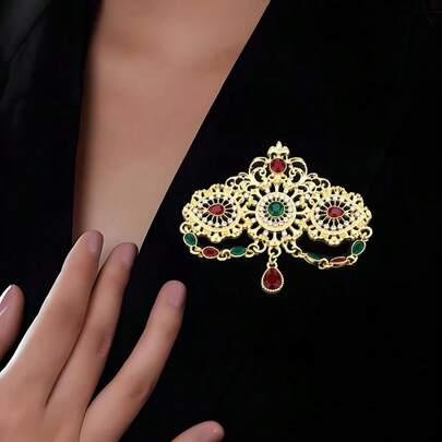 1 broșă tradițională sahariană elegantă și luxoasă, model retro algerian/marocan cu încrustații de sticlă colorată, design cu lanț cu ciucuri, bijuterii arabe de Anul Nou/nuntă