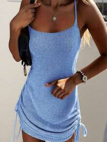 Váy không tay màu trơn cho nữ, thời trang phù hợp cho mùa hè - Màu xanh lam - Xem 2