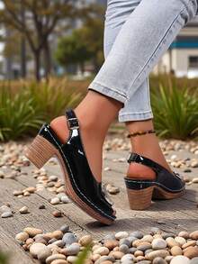 Sandal Hak Tinggi Musim Panas Wanita, Tali Pergelangan Kaki yang Dapat Diatur, Ujung Terbuka, Dekorasi Gesper Logam Gaya Preppy, Hak Tinggi Pesta Bertabur Berlian Imitasi - Hitam - View 4