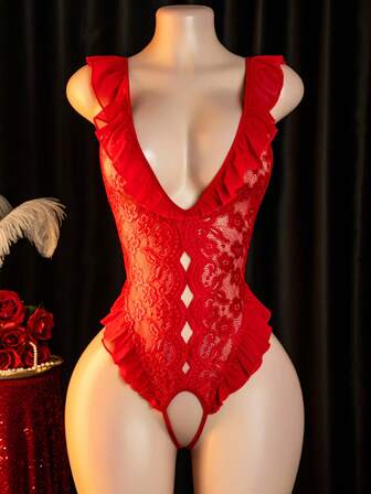 Sexy Lingerie Red Lace Deep V Bodysuit With Ruffle Trim And Cross Strap Design