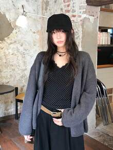 蕾丝波点短袖V领修身套头衫，女士休闲黑色夏季款 - 黑色 - 查看 3