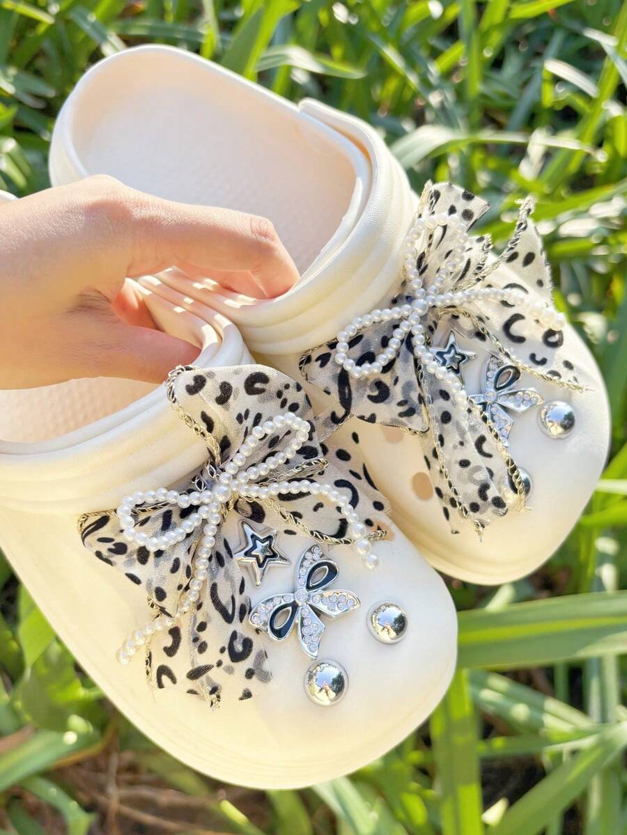 10个豹纹蝴蝶结鞋夹，优雅系列可拆卸鞋饰，适用于带孔鞋、厚底凉鞋、拖鞋、花园鞋、沙滩鞋、DIY配件