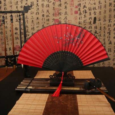 1pc Japanese Style Folding Fan, Traditional Chinese Wind Handheld Bamboo & Silk Fan, Suitable For Photography Props, Wedding Accessories, Stage Props, Random Fan Hole Design