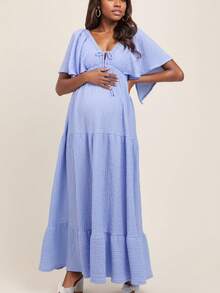 Maternity Solid Color Bohemian Knit Fabric Twist Ruffle Hem Dress, Vacation Wear, Spring/Summer - Sky Blue - View 4