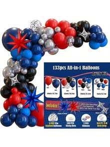 黑色、红色和蓝色银色星爆图案铝箔乳胶气球花环套装，蜘蛛侠主题气球拱门，适用于男士超级英雄生日派对装饰 - 卡其色 - 查看 15