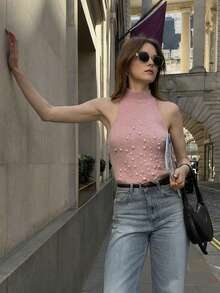 HH Sexy Slim Fit Sleeveless Turtleneck Knit Vest With Pearl Decor For Women, Fashion Bodycon Tank Top - Baby Pink - View 3