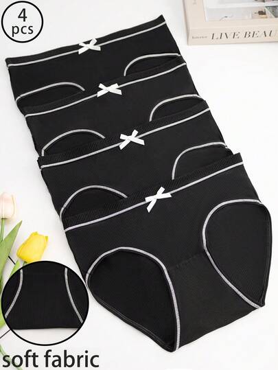 4pcs Women's Bowknot Textured Mid-Rise Black Sexy Cute Bikini Panties