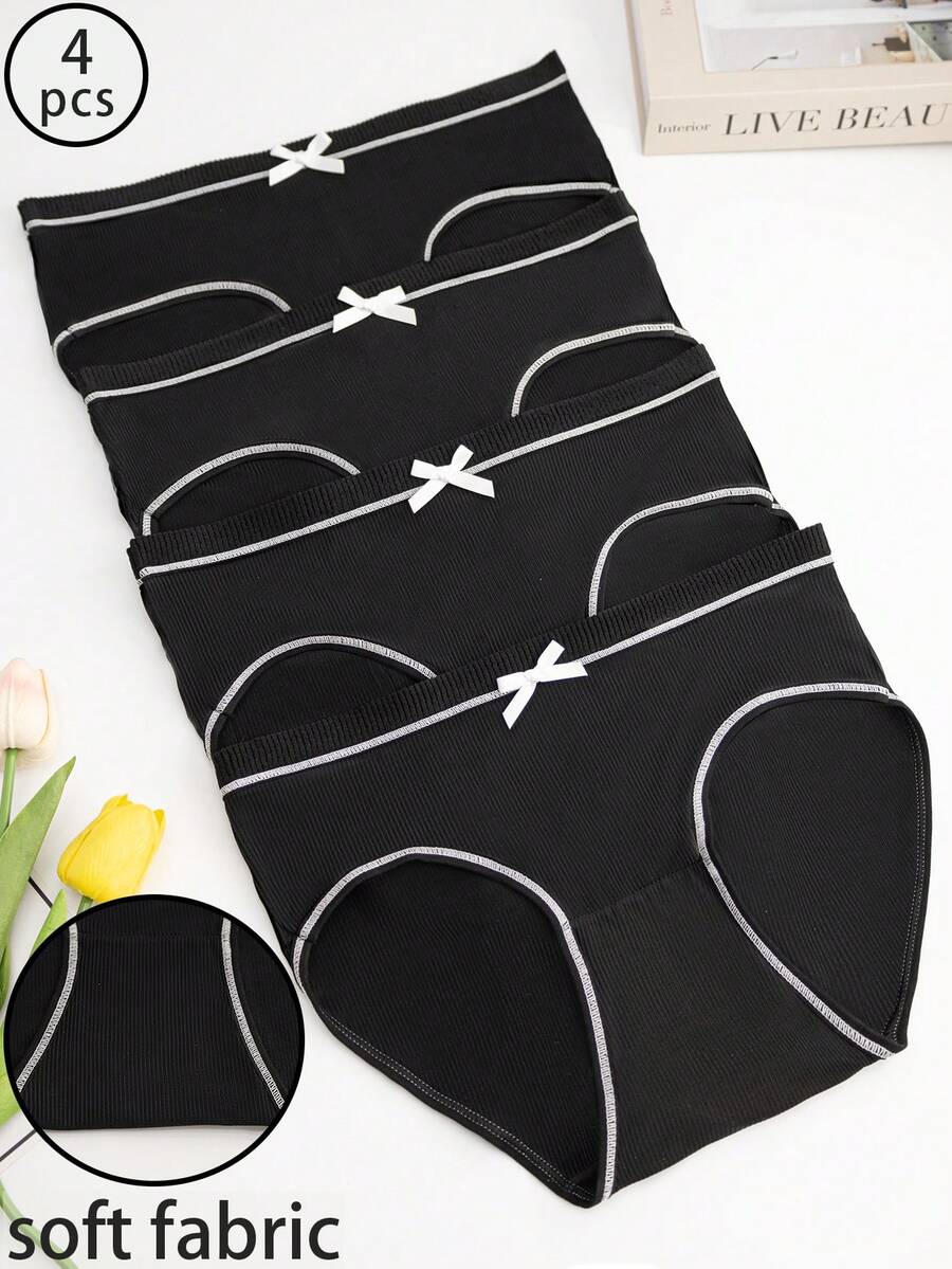 4pcs Women's Bowknot Textured Mid-Rise Black Sexy Cute Bikini Panties - Black - View 1