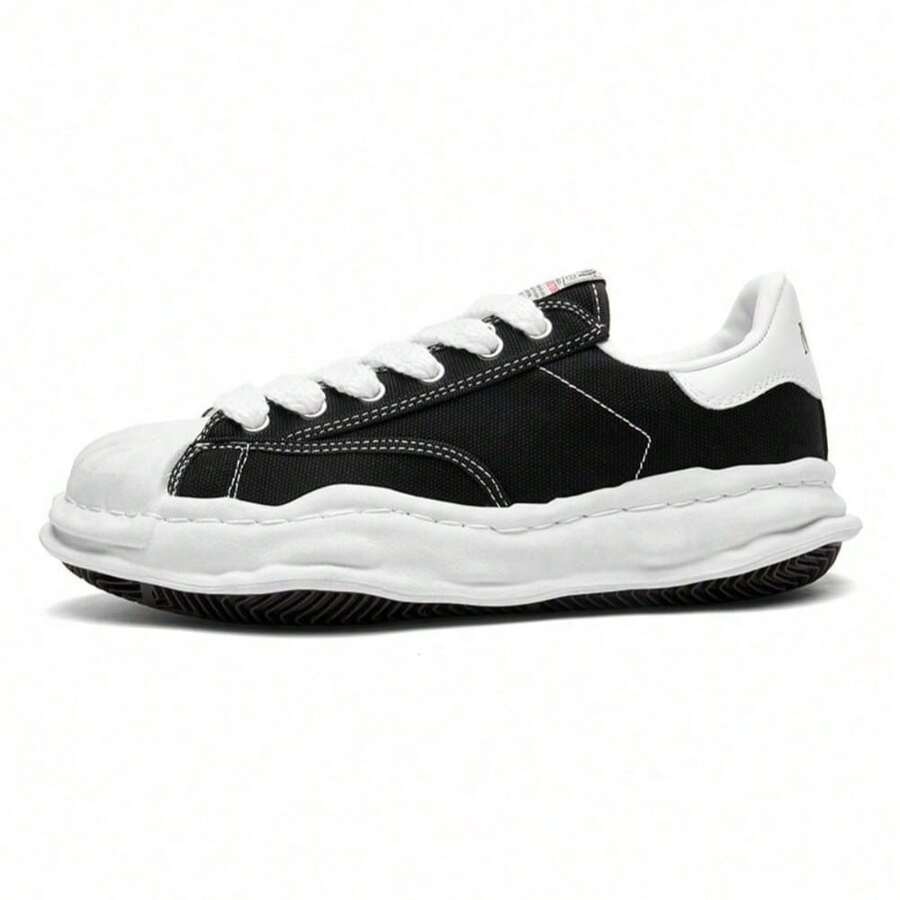 New MMY Shoes Classic Black And White Men's Retro Casual Sneakers - Low-Top Lace-Up Shoes With A Breathable Fabric Upper, Cushioned Rubber Sole And Durable Black Accents For All-Season Comfort And Everyday Wear. Minimalist Design With Fabric Upper - 黑色帆布 - 查看 1