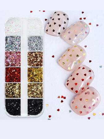 12 Rejillas/Caja Moldes de resina epoxi con lentejuelas láser holográficas en forma de estrella y corazón, escamas de brillo en forma de pentágono y corazón de 1 mm para hacer llaveros y colgantes DIY