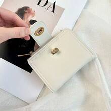 Ví nữ kiểu Nhật đơn giản, gập đôi, bằng da PU, có khóa kéo, đựng thẻ, tiền xu, ví nhỏ, ví dễ thương, ví mini, ví đeo tay, ví cho nữ. - trắng - Xem 2