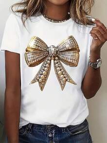 Camiseta de mujer de manga corta con cuello redondo, estampado de lazo dorado con perlas y rhinestones, para salidas casuales y uso diario - Blanco - Ver 1