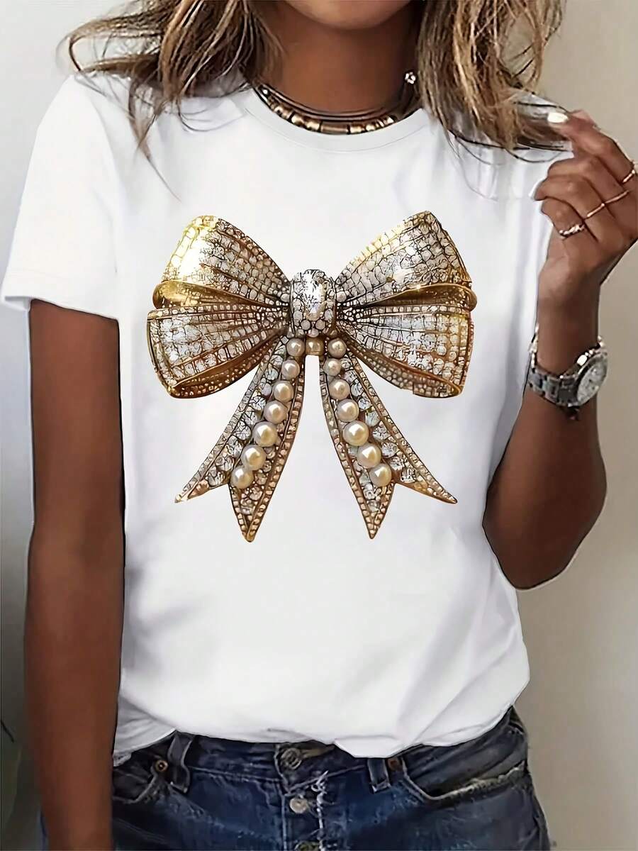 Camiseta de mujer de manga corta con cuello redondo, estampado de lazo dorado con perlas y rhinestones, para salidas casuales y uso diario - Blanco - Ver 1
