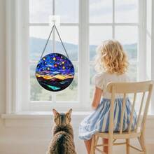 2D Flat, Blue Sky Gold Stars Abstract Landscape Suncatcher Indoor/Outdoor Glass Window Hanging - Handmade Stained Glass Suncatchers For Windows Hanging - Decoration For Home Garden Christmas Party Wedding Housewarming Gifts - 彩色 - 查看 2