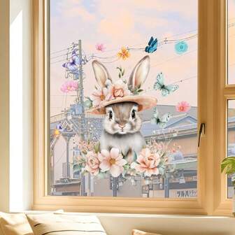 1pc Rabbit, Floral & Butterfly Window Cling Decal, Double-Sided Transparent Static Cling Glass Sticker, Easter Home/Shop Window Decoration