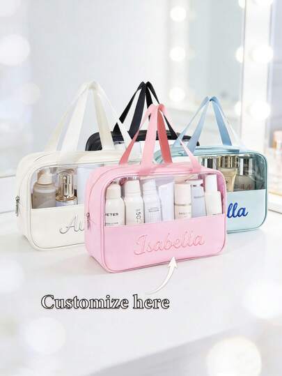 1pc Customized Embroidered Cosmetic Bag, Customizable Embroidered Name/Text, Multiple Colors Available (Pink/Blue/White/Black), Semi-Transparent Visible Makeup Bag, Vacation Season Bag, Travel, Back To School, Beach Essential, Minimalist Dopamine-Inspired Solid Color Lightweight Toiletry Bag, Christmas Gift