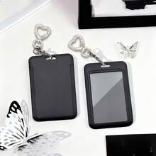 Set 2 buc (1 pandantiv inimă + 1 suport pentru carduri) Suport negru pentru carduri cu pandantiv inimă, poate decora genți, brelocuri, poate conține acte de identitate, cărți de vizită, carduri de tranzit, fotografii, carduri de acces, potrivit pentru uz zilnic, decorare sau cadou - 2 piese (1 ornament în formă de inimă + 1 suport pentru carduri) - Vizualizare 1