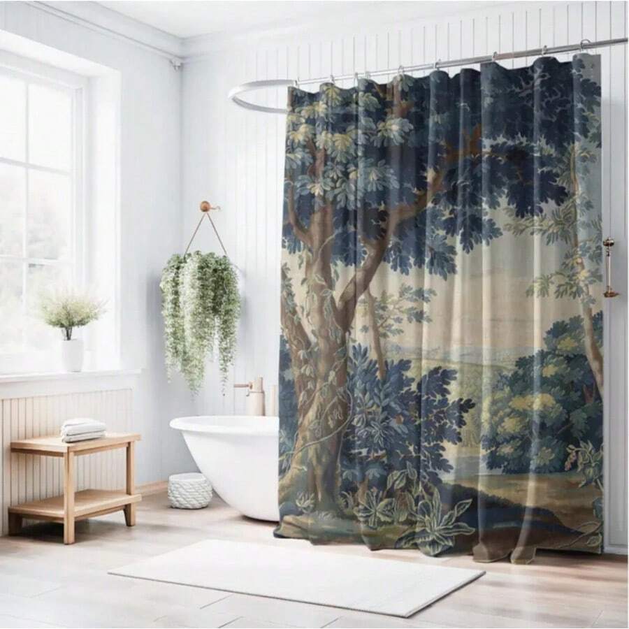French Verdure Aubusson Tapestry Shower Curtain, Vintage Bathroom Decor, Elegant Bath Curtain, Antique Fabric Art Home Decor, Luxury Bath - 彩色 - 查看 1