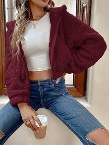 Vuslat Korean Sweet Style! Hooded Zipper Fluffy Short Jacket For Women, Autumn/Winter Versatile Loose Thick Comfortable Fashionable Outerwear, Ideal Choice For Vacation, Travel, Birthday Party, Valentine's Day, New Year, Daily Commute - Red Violet - View 3