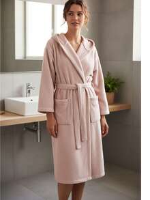Short Sleeve 100% Cotton Hooded Bathrobe - XS/S/M/L - Made In Turkiye - Pink - View 1