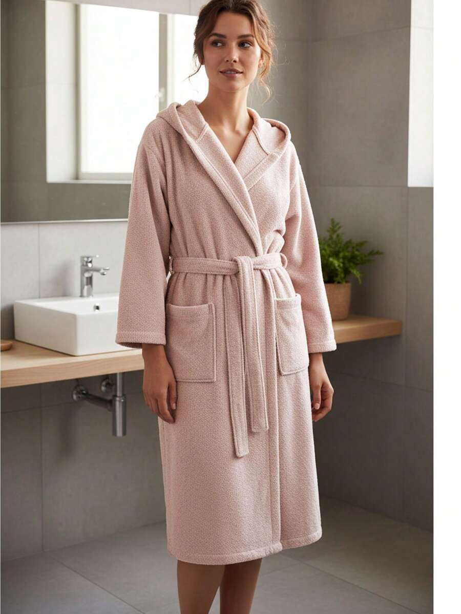 Short Sleeve 100% Cotton Hooded Bathrobe - XS/S/M/L - Made In Turkiye - Pink - View 1