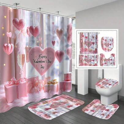 1/4 件套情人节浴室帘套装，梦幻浅粉色背景图案装饰浴帘，涤纶可水洗面料浴帘套装，含 12 个挂钩，防滑浴室地垫，U 型马桶垫，马桶座套