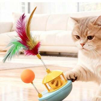 Cat Toys Self-Entertainment Feather Wand With Bell & Rattle, Swinging Boat Shaped Toy