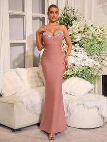 新款女士性感钻石修身连衣裙，绷带连衣裙，婚礼伴娘礼服紧身裹身长裙女士正式宴会节日圣诞派对礼服 - 西瓜粉 - 查看 5