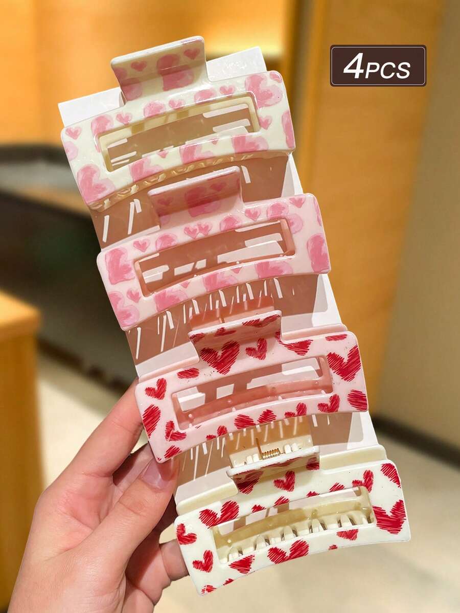 4个心形发夹，甜美可爱风格，适合情人节、日常休闲佩戴和外出，是情人节礼物、优雅爪夹、休闲发夹的理想之选。
