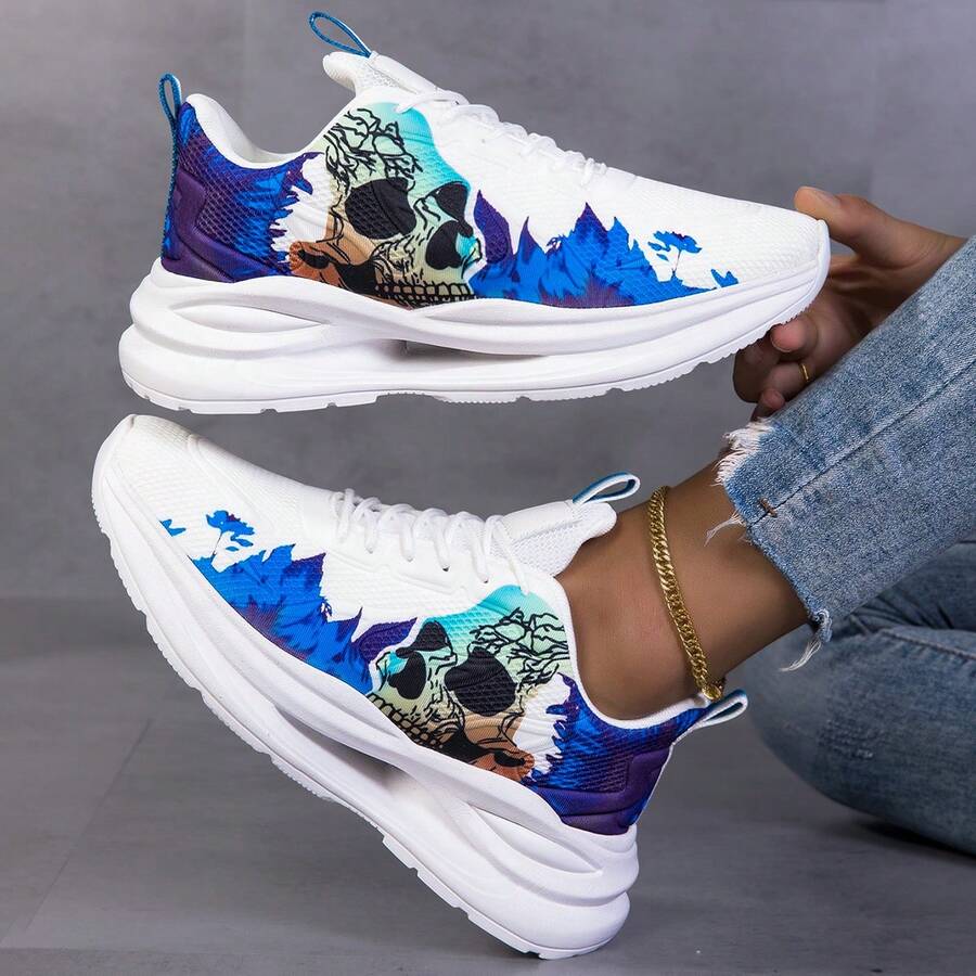 New Skull & Lightning Mesh Breathable Casual Sneakers, Unisex Shock-Absorbing Personalized Sports Shoes For Spring/Summer - White - View 1